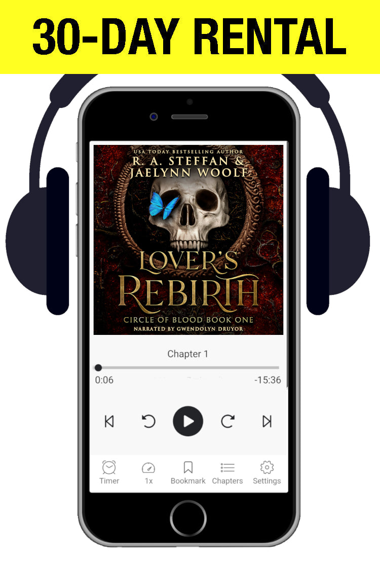 Cell phone with headphones, displaying an audiobook cover with a skull and butterfly