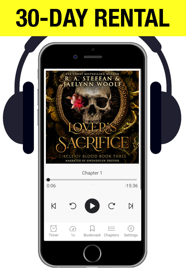 A cell phone with headphones, showing an audiobook cover with a skull and flower