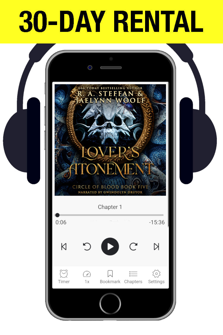 A cell phone with headphones, displaying an audiobook cover with a monster skull