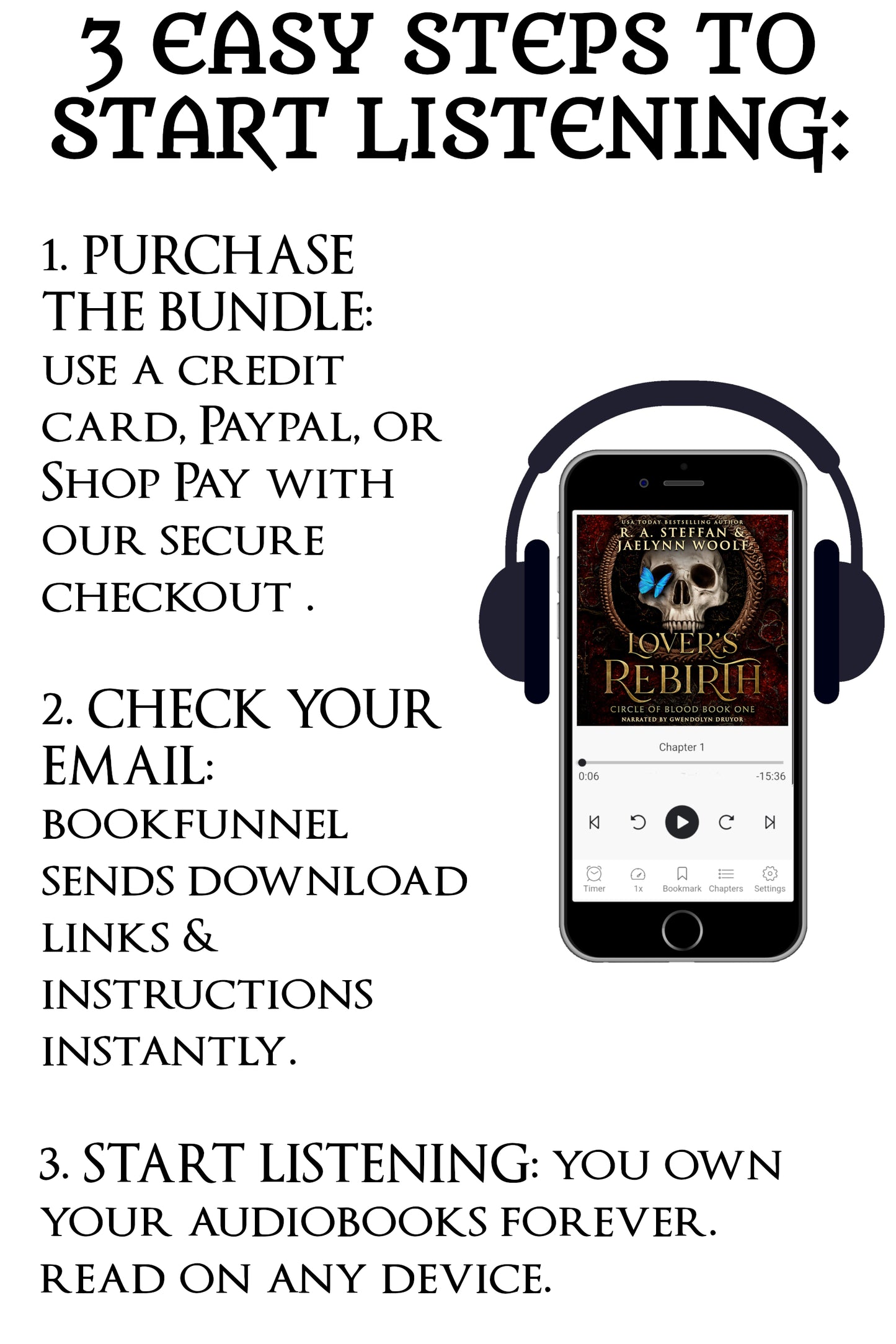 Instructions for purchasing and listening to audiobooks with an image of a smartphone with headphones.