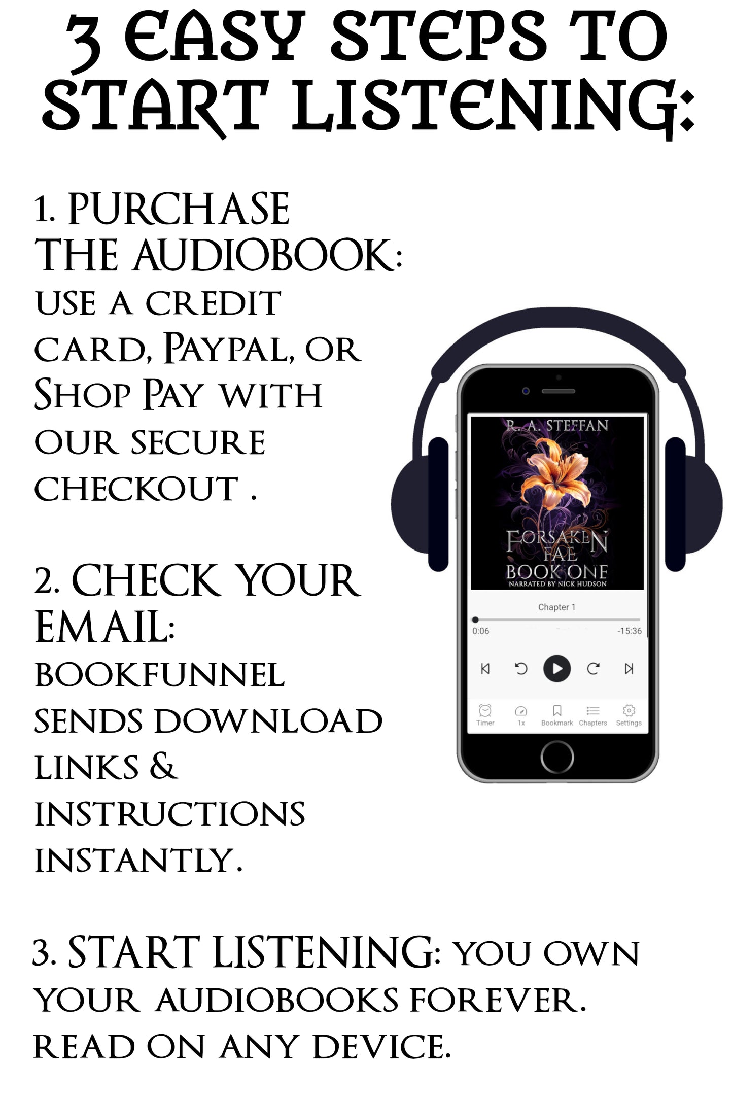 Instructions for purchasing and listening to audiobooks on a smartphone with headphones.