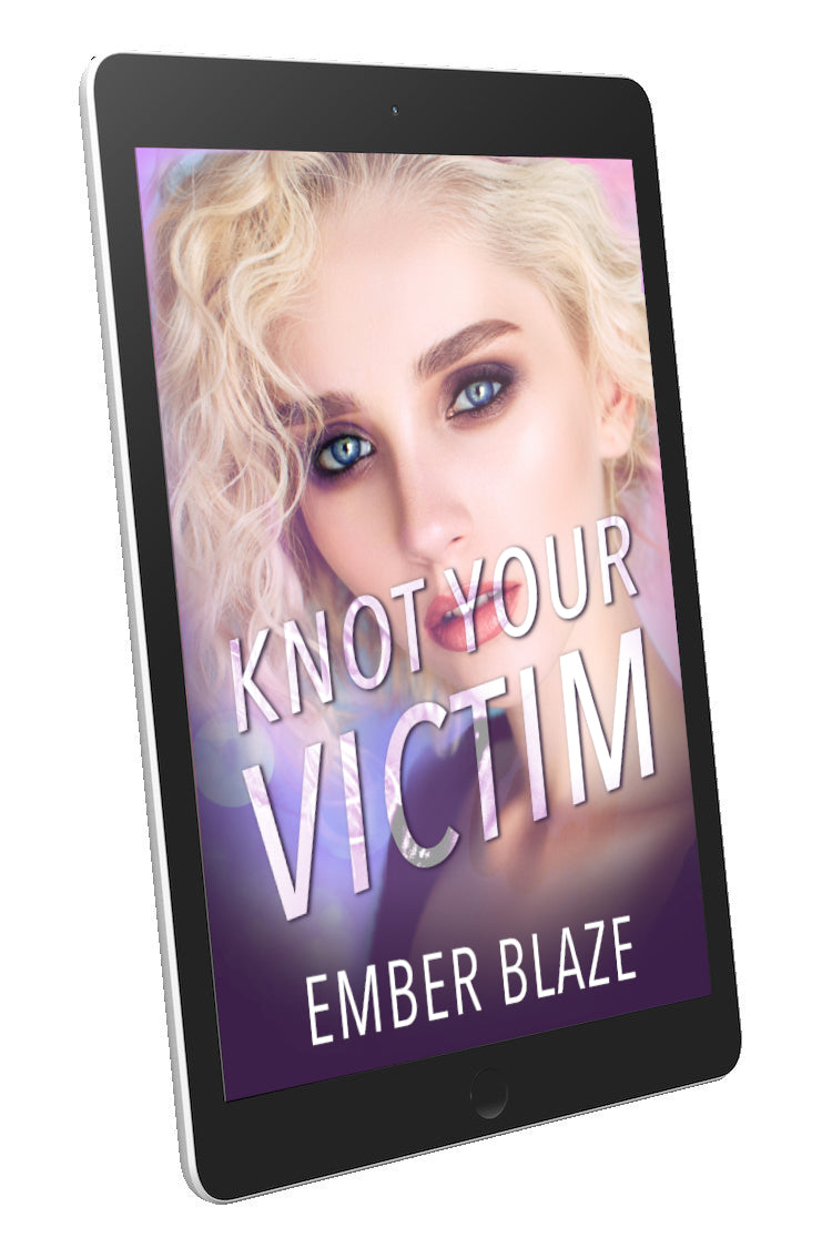 An e-reader device displaying the cover of Knot Your Victim, a close-up portrait of a white woman with blond hair against a purple background