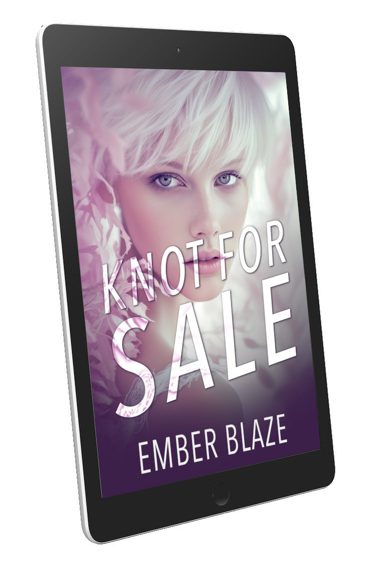 A tablet device displaying a book cover titled 'Knot for Sale' by Ember Blaze, shown at an angle on a plain white background.