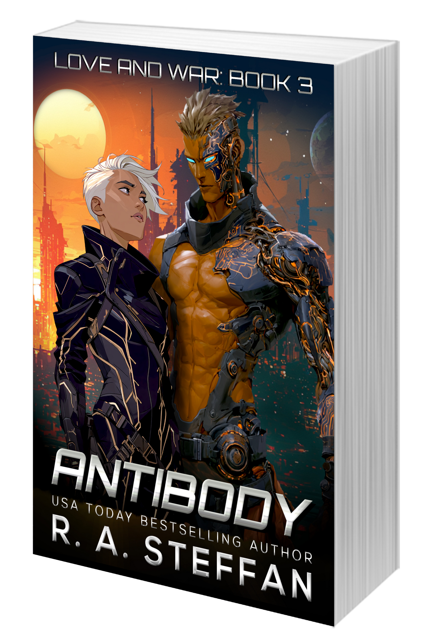 A paperback book with an illustrated cover of a male cyborg and female human, titled Antibody