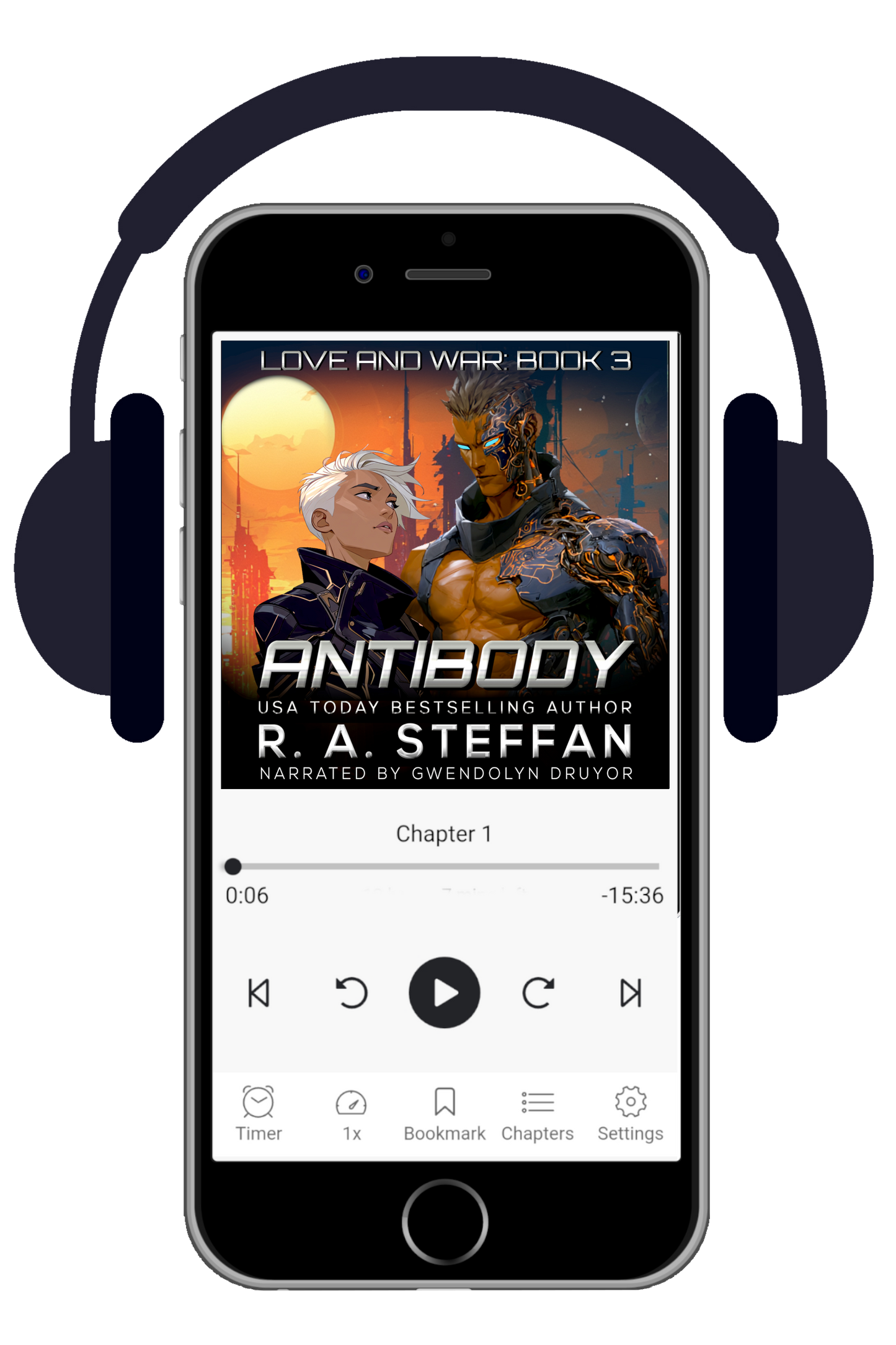 Phone displaying an audiobook interface with a cover of 'Antibody' by R.A. Steffen, surrounded by headphones.