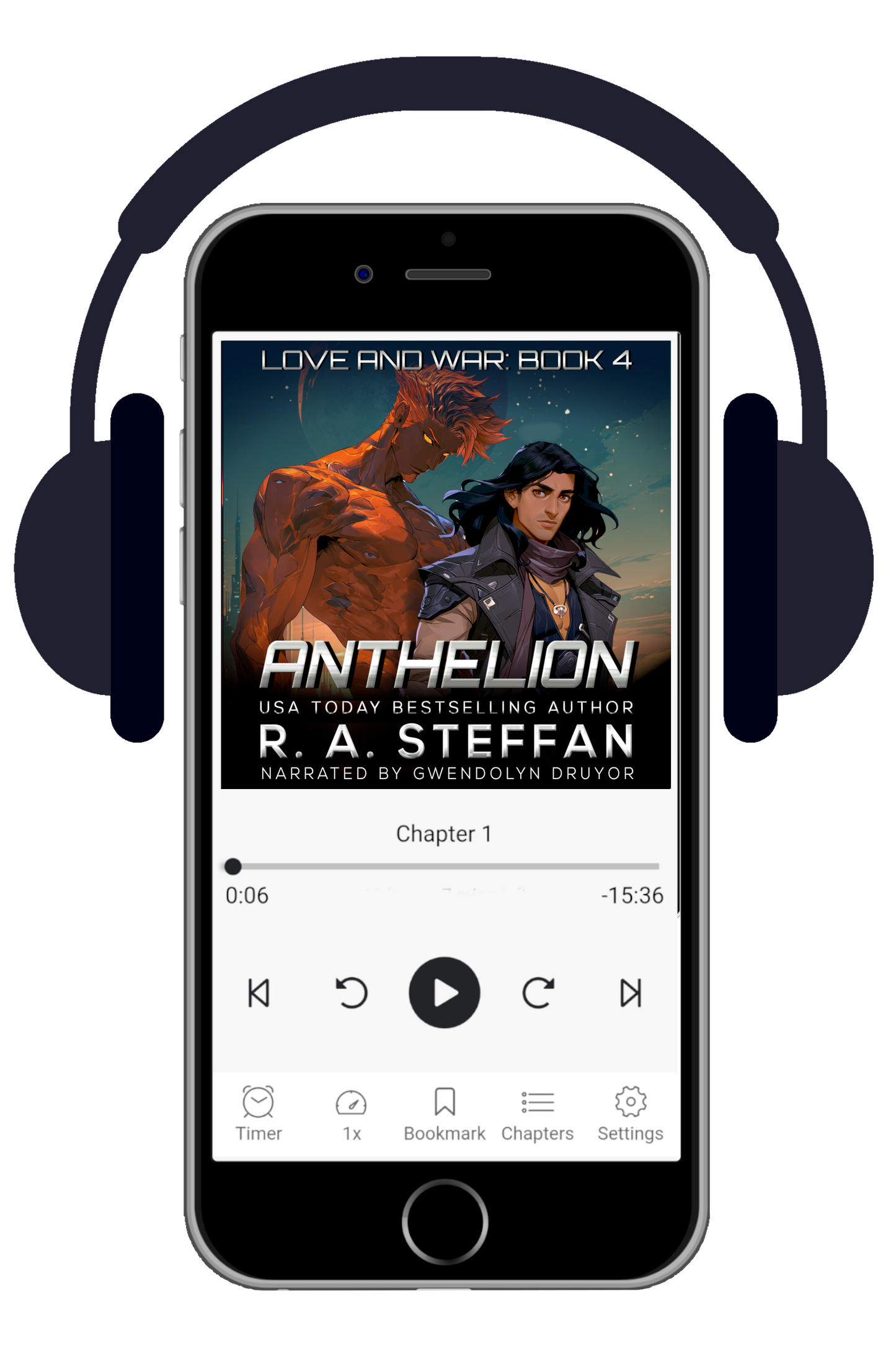 Phone displaying an audiobook interface with 'Anthelion' by R.A. Steffen and headphones on a white background