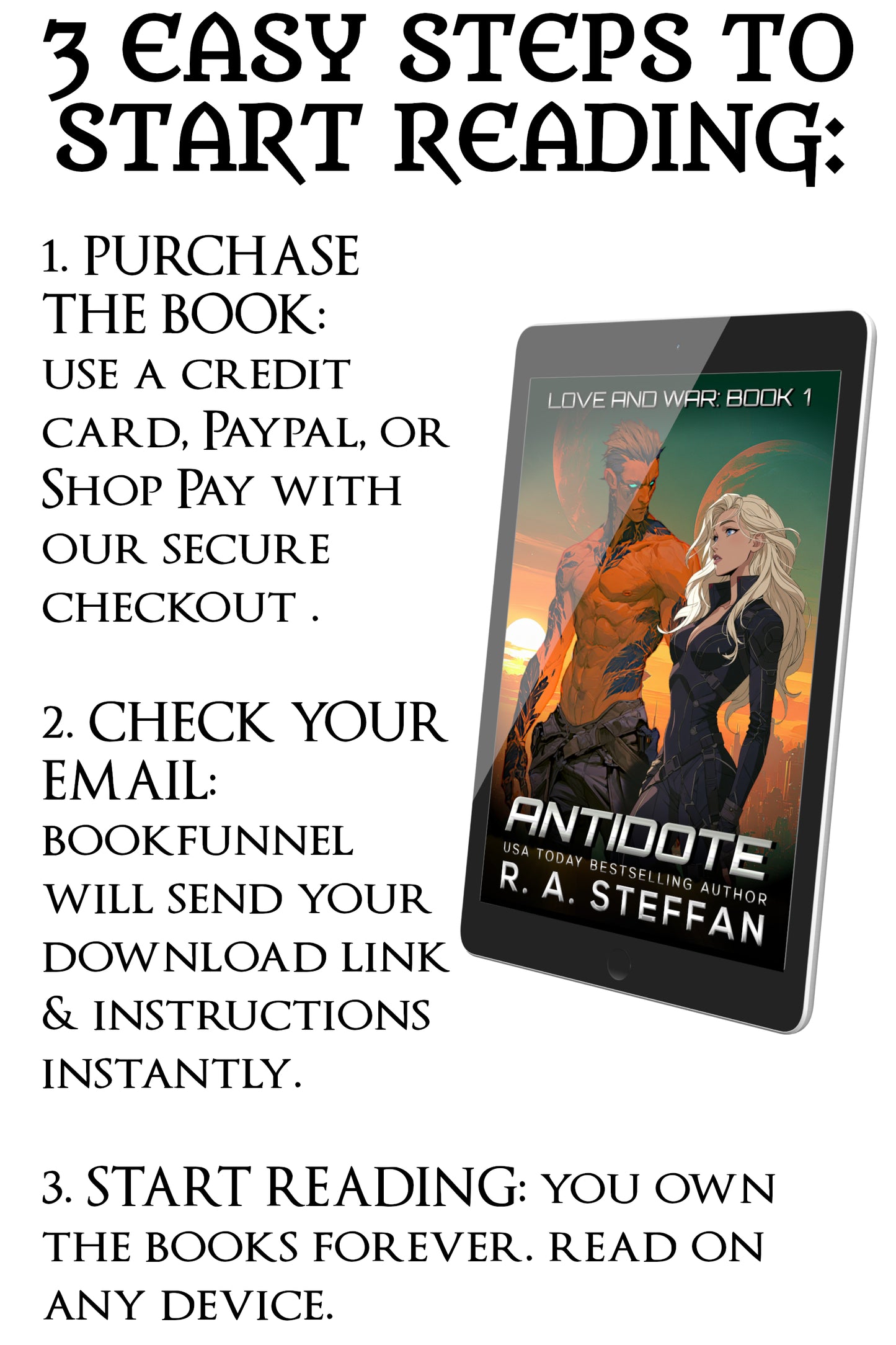 Promotional graphic for 'Antidote' by R.A. Steffen with steps to start reading the book.