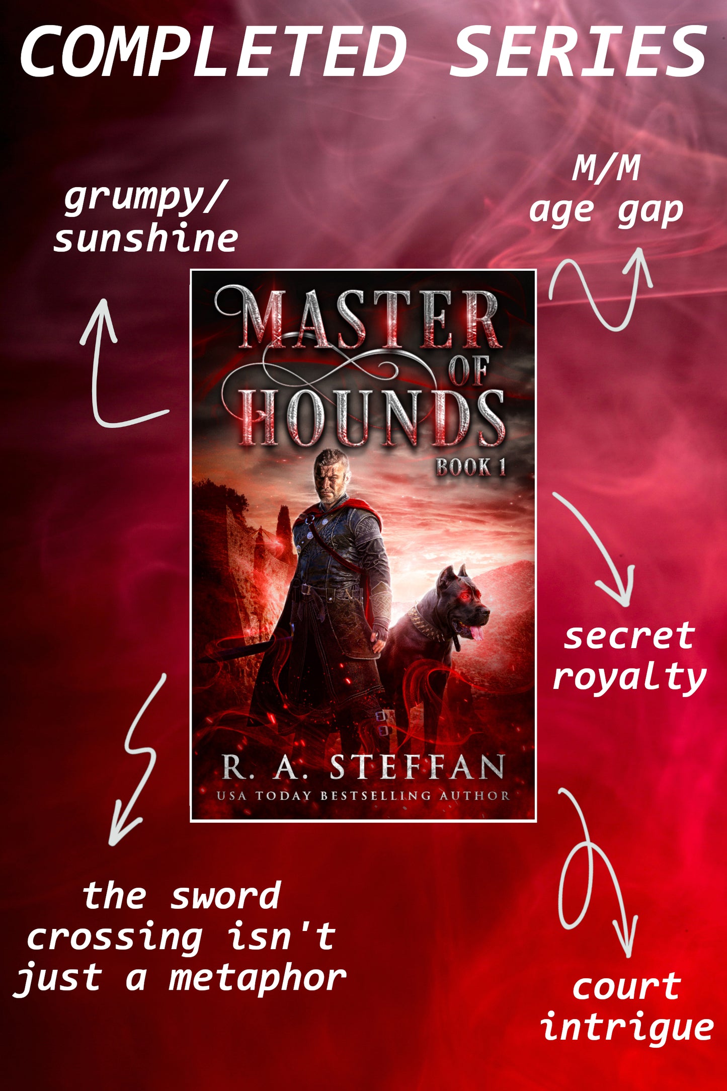 Book cover of 'Master of Hounds' with promotional text and tropes on a red background