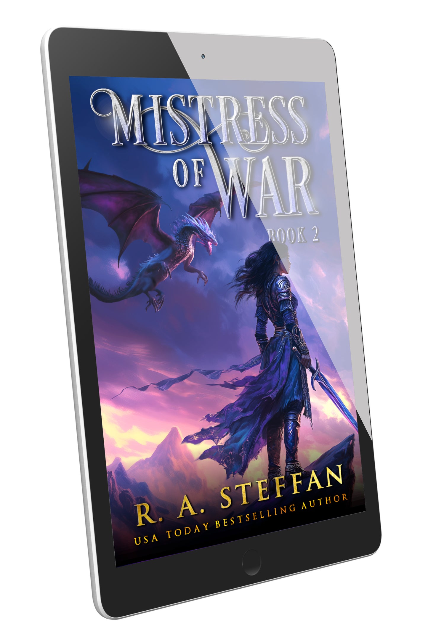 An e-book reader displaying the cover of Mistress of War: Book 2, with a female warrior and a dragon in flight