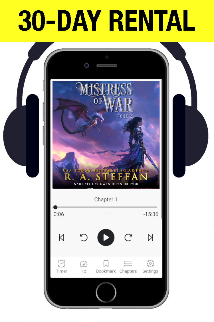 Phone screen displaying 'Mistress of War' audiobook with headphones and 30-day rental text.