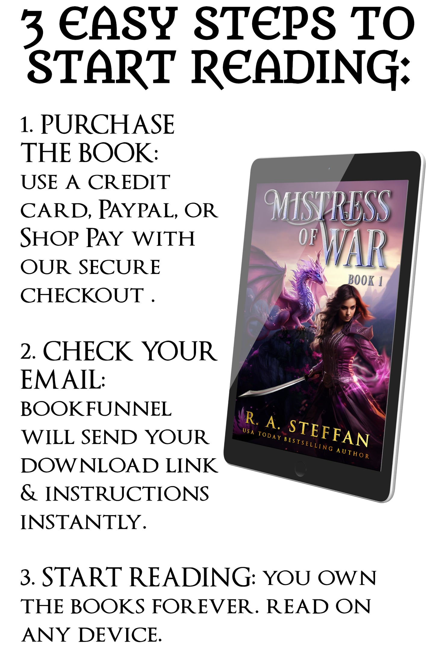 Ebook of 'Mistress of War' by R.A. Steffen with promotional text on a white background