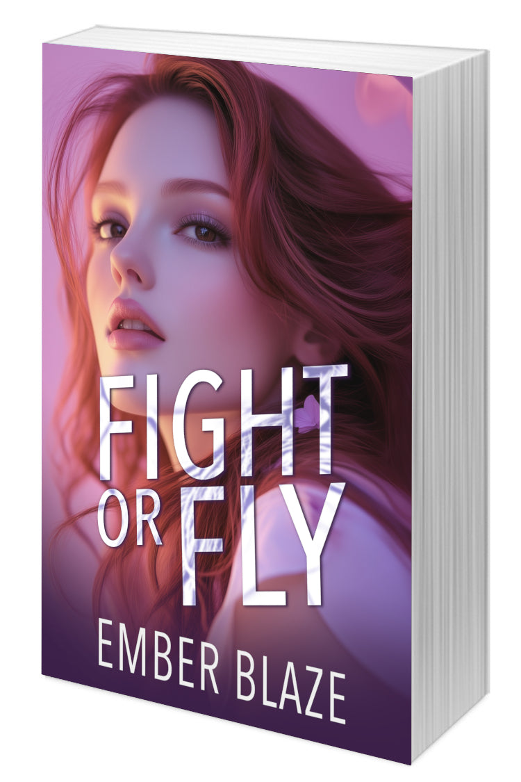 A 3D book mockup of the novel 'Fight or Fly' by Ember Blaze, featuring a purple and pink cover with an illustration of a woman's face and large white title text.