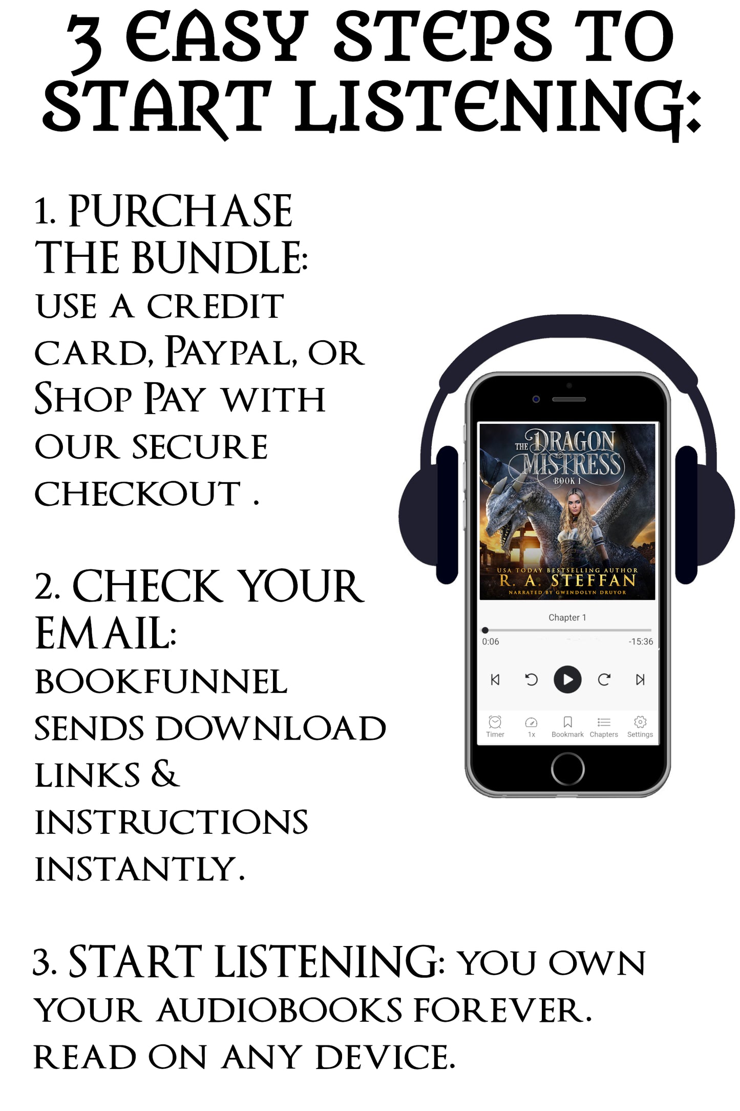 Instructions for purchasing and listening to audiobooks on a smartphone with headphones.