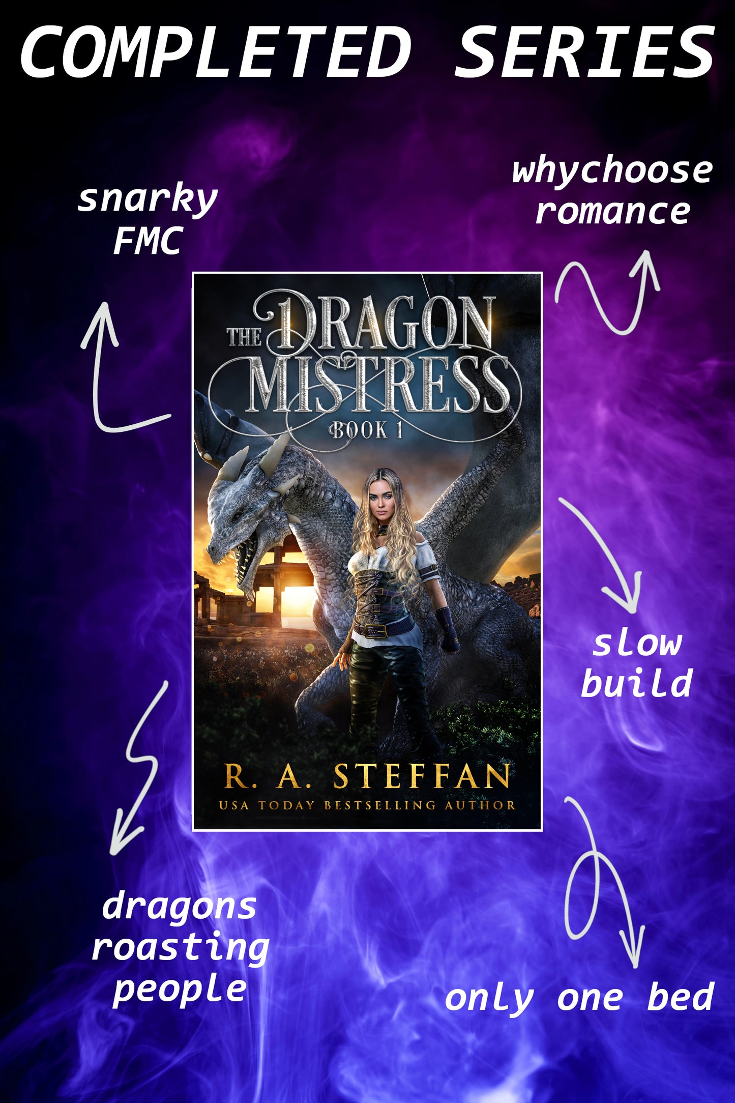 Book cover of 'The Dragon Mistress' by R.A. Steffan on a purple background with text describing the series.