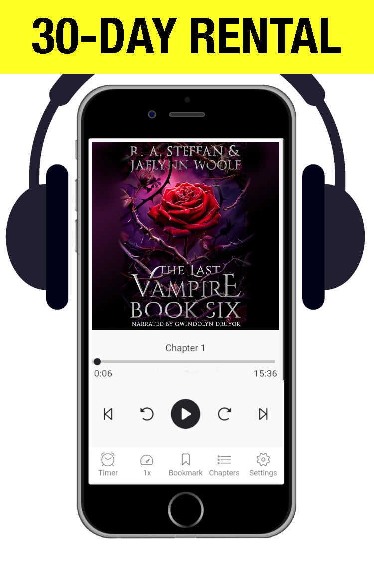 Promotional graphic for a 30-day rental of an audiobook or e-book, showing a smartphone with headphones around it and the cover art for 'The Last Vampire Book Six' on the screen. A bright yellow banner at the top reads '30-DAY RENTAL'.