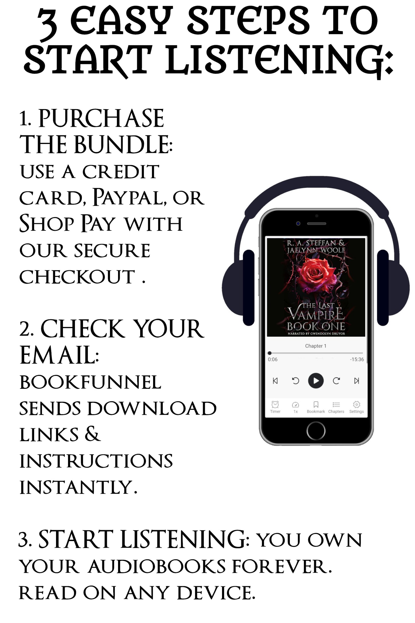Instructions for purchasing and listening to audiobooks on a smartphone with headphones.