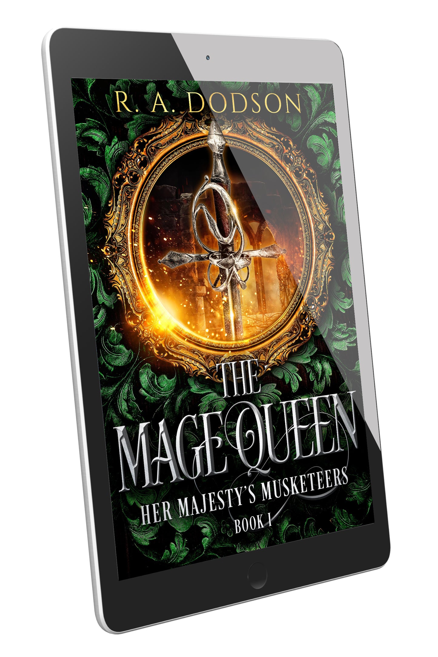 A tablet device displaying the book cover of 'The Mage Queen' by R. A. Dodson