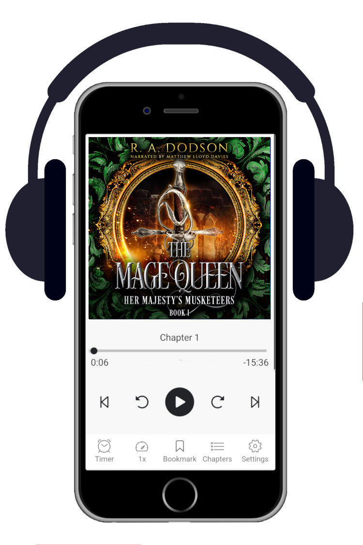 A smartphone centered on a white background, shown with over-ear headphones around it. The phone screen displays a book player with the cover art for 'The Mage Queen' by R. A. Dodson