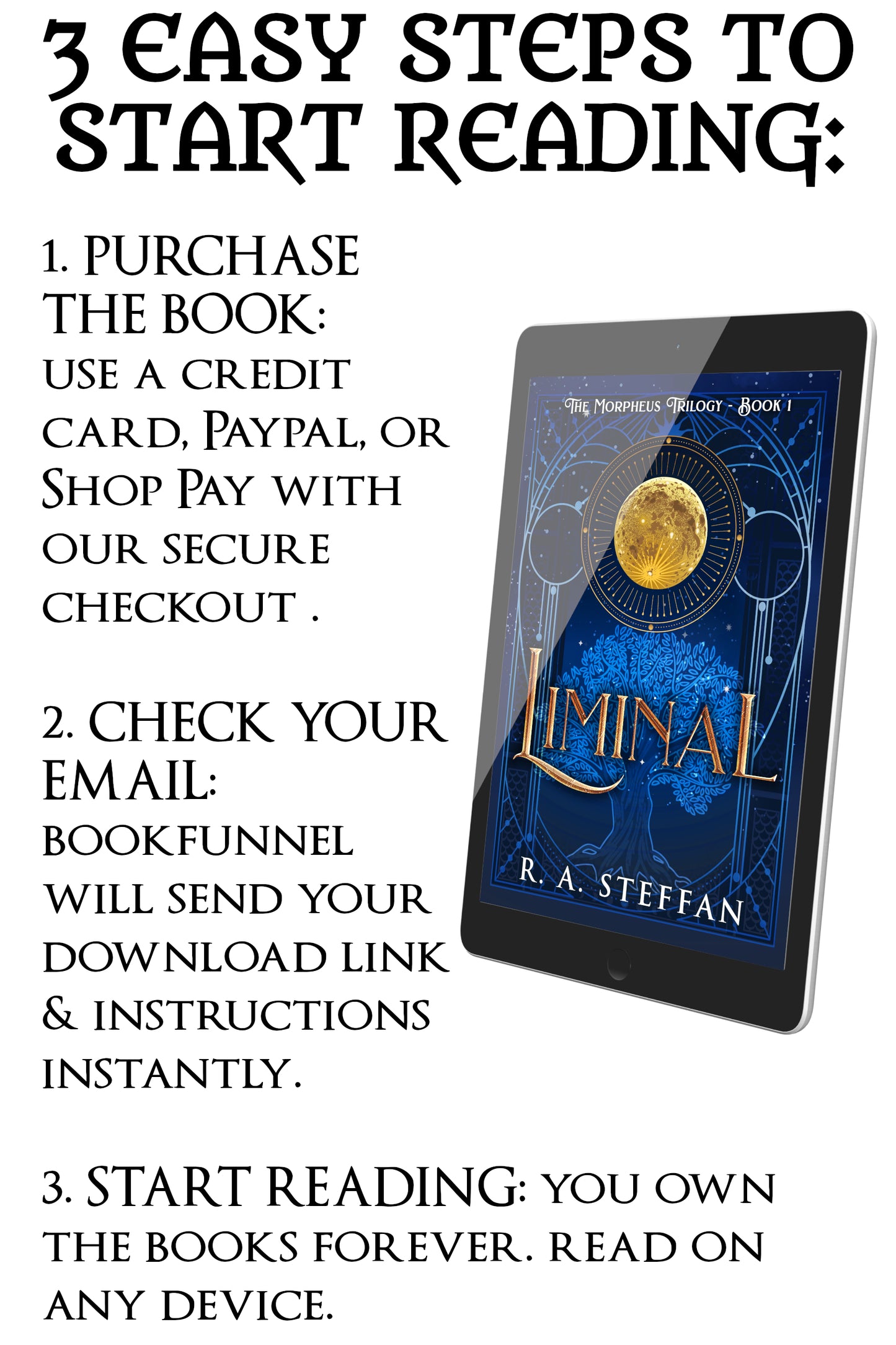 Promotional text for 'Liminal' by R.A. Steffen with an image of a tablet displaying the book cover.