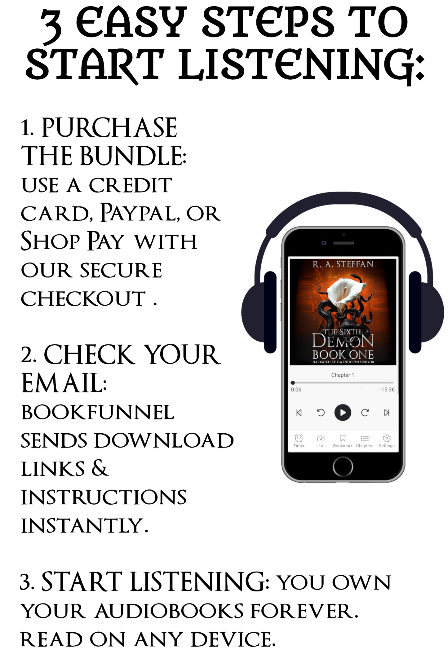 Promotional text for audiobook purchase and listening process with a smartphone displaying an audiobook cover.