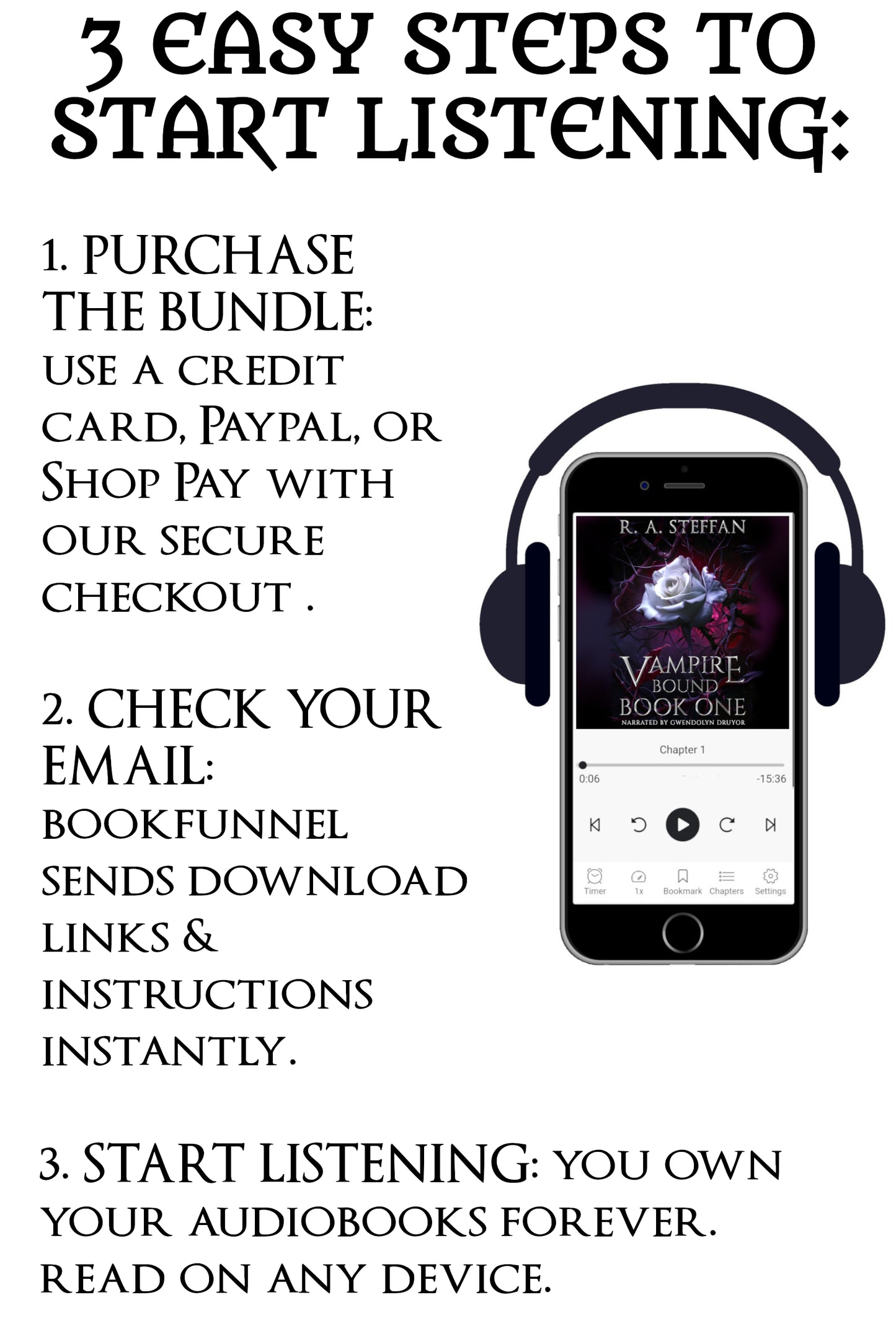 Instructions for purchasing and listening to audiobooks and an image of a smartphone with headphones.
