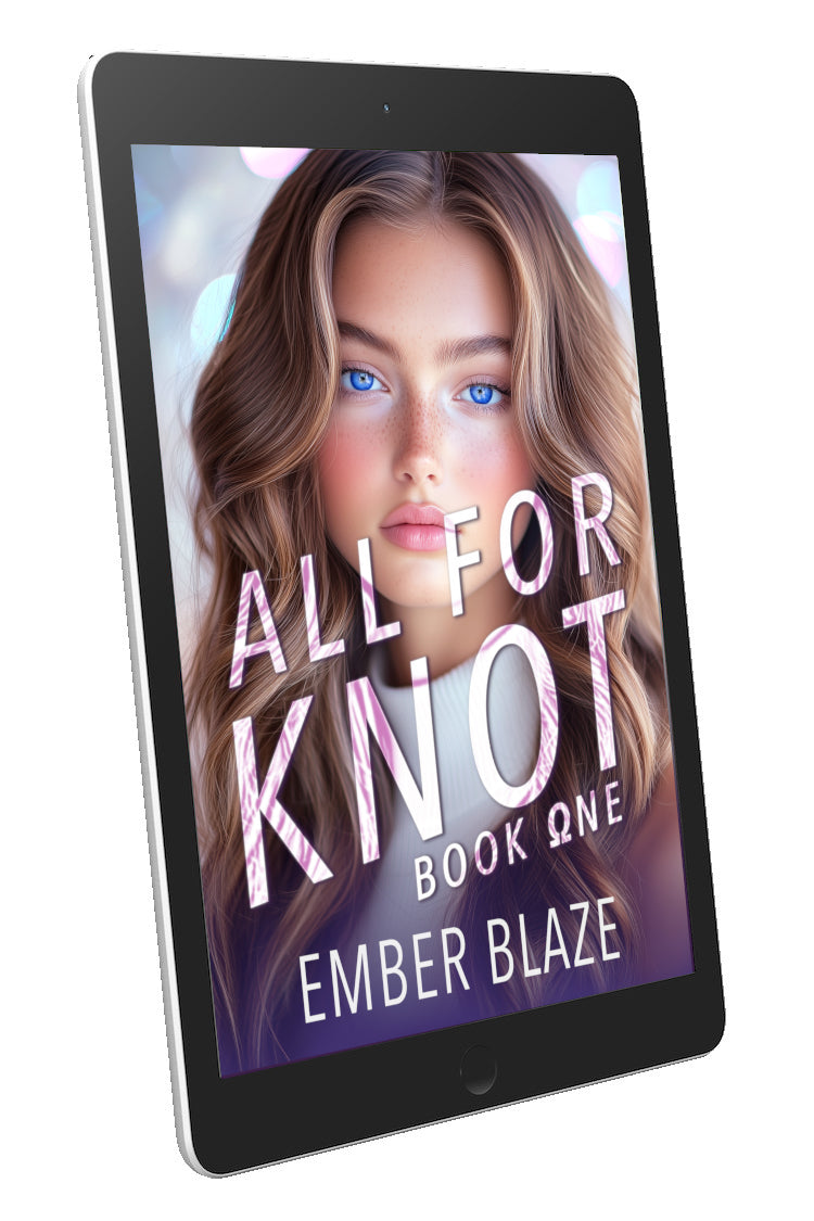 A tablet device displaying a romance novel cover titled "All For Knot Book One" by Ember Blaze, shown on a clean white background.