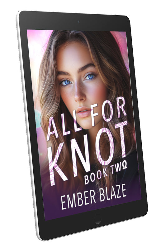 A tablet device displaying a romance book cover titled "All For Knot: Book Two" by Ember Blaze, shown on a plain white background.