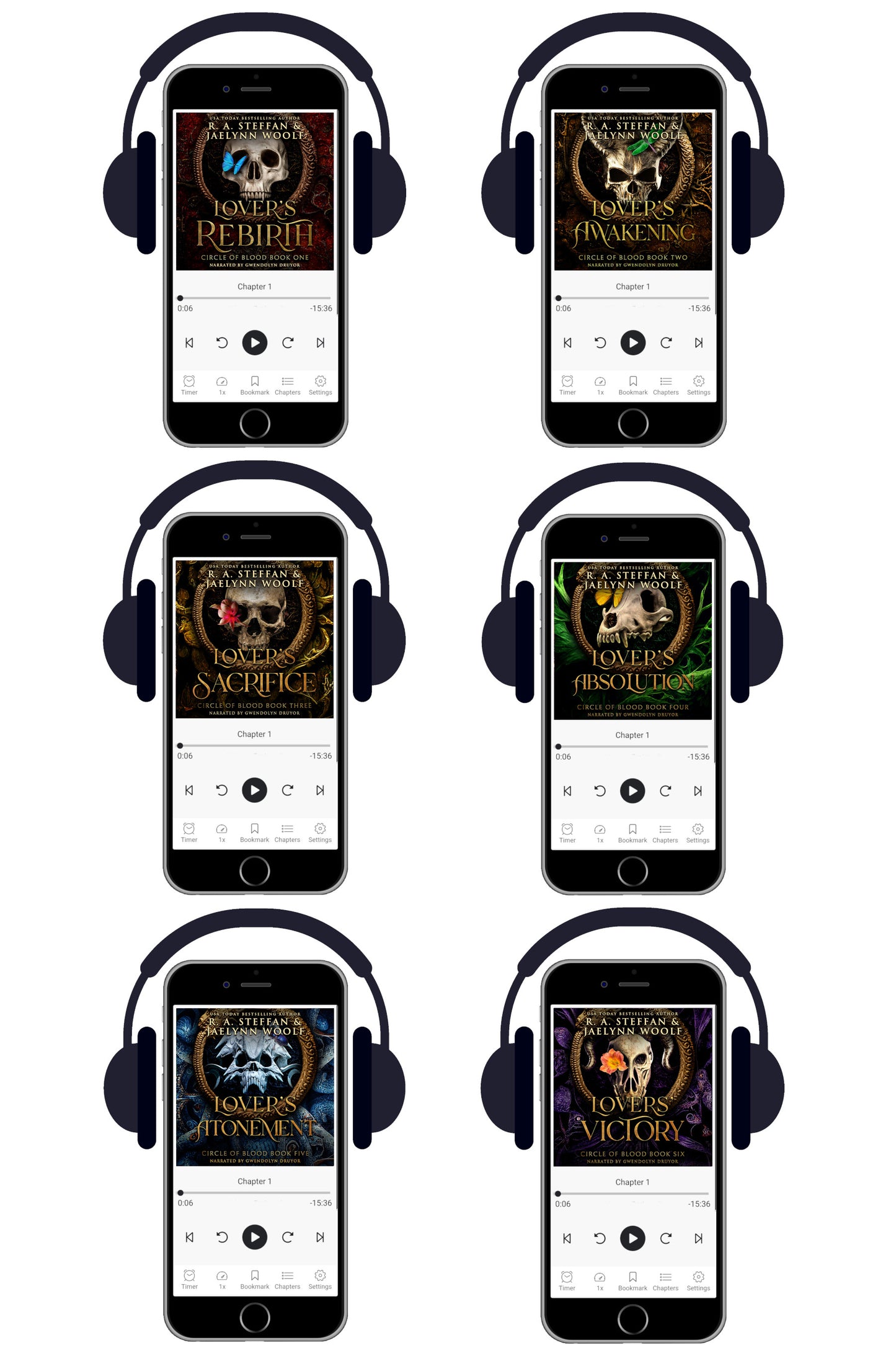 Six smartphones displaying Circle of Blood audiobook covers with headphones on a white background