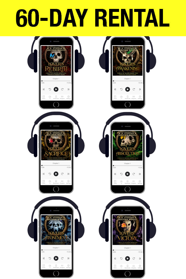 Six cell phones displaying the Circle of Blood audiobook covers, with stylized headphones on each one