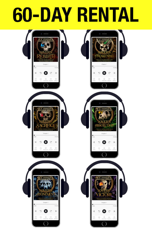 Six cell phones displaying the Circle of Blood audiobook covers, with stylized headphones on each one