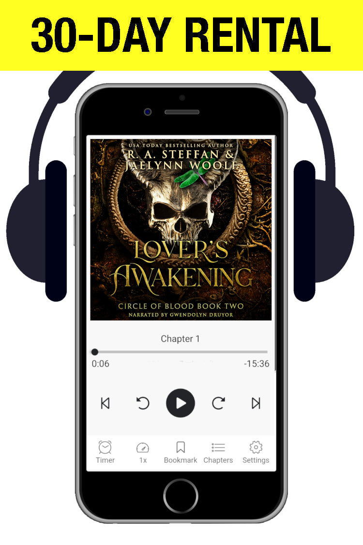 A cell phone with headphones, displaying an audiobook cover with a horned skull