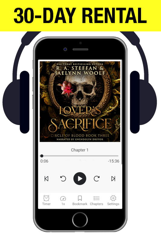 A cell phone with headphones, showing an audiobook cover with a skull and flower