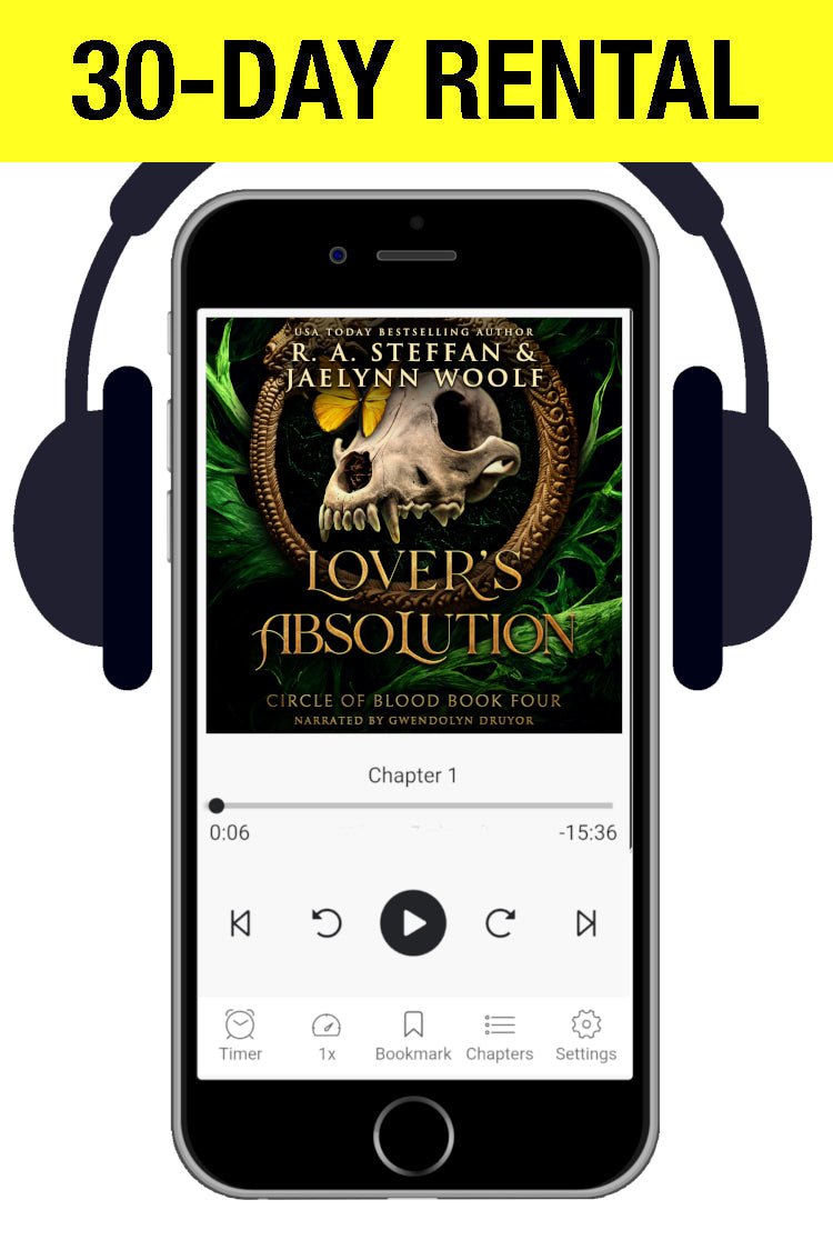 A cellphone with headphones, displaying an audiobook cover with a wolf skull and butterfly 