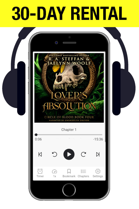 A cellphone with headphones, displaying an audiobook cover with a wolf skull and butterfly 