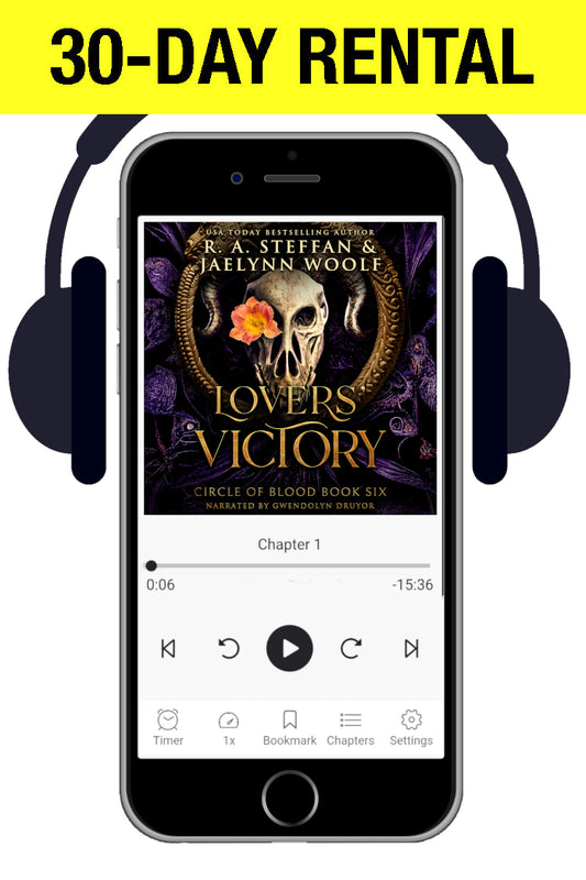 A cell phone with headphones, displaying an audiobook cover with a ram's skull and flower