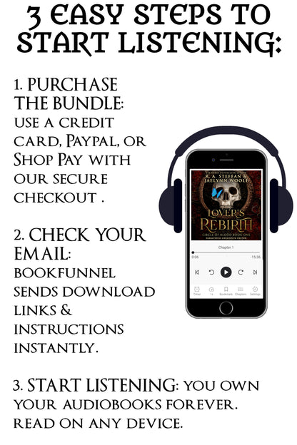 Instructions for purchasing and listening to audiobooks with an image of a smartphone with headphones.