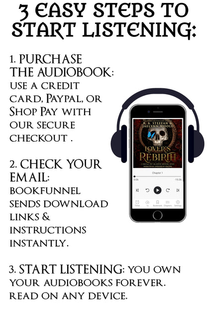 Instructions for purchasing and listening to audiobooks on a smartphone with headphones.