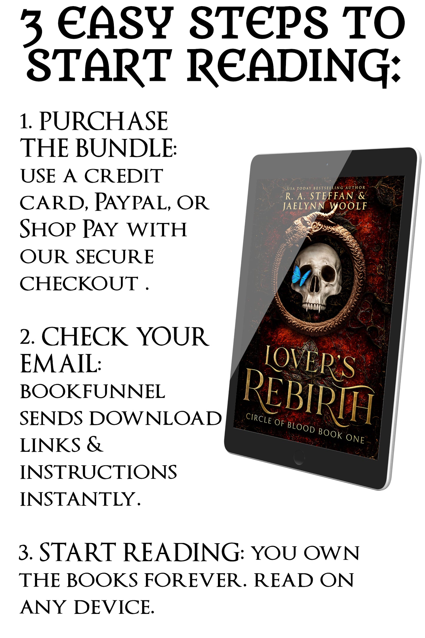 Promotional text for purchasing and downloading 'Lover's Rebirth' book with a digital device displaying the book cover.