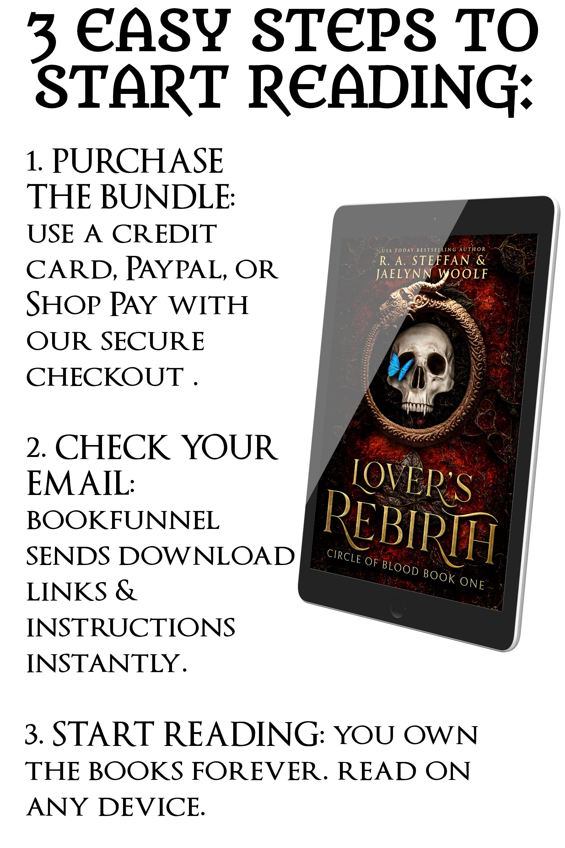 Promotional text for purchasing and downloading 'Lover's Rebirth' book with a digital device displaying the book cover.