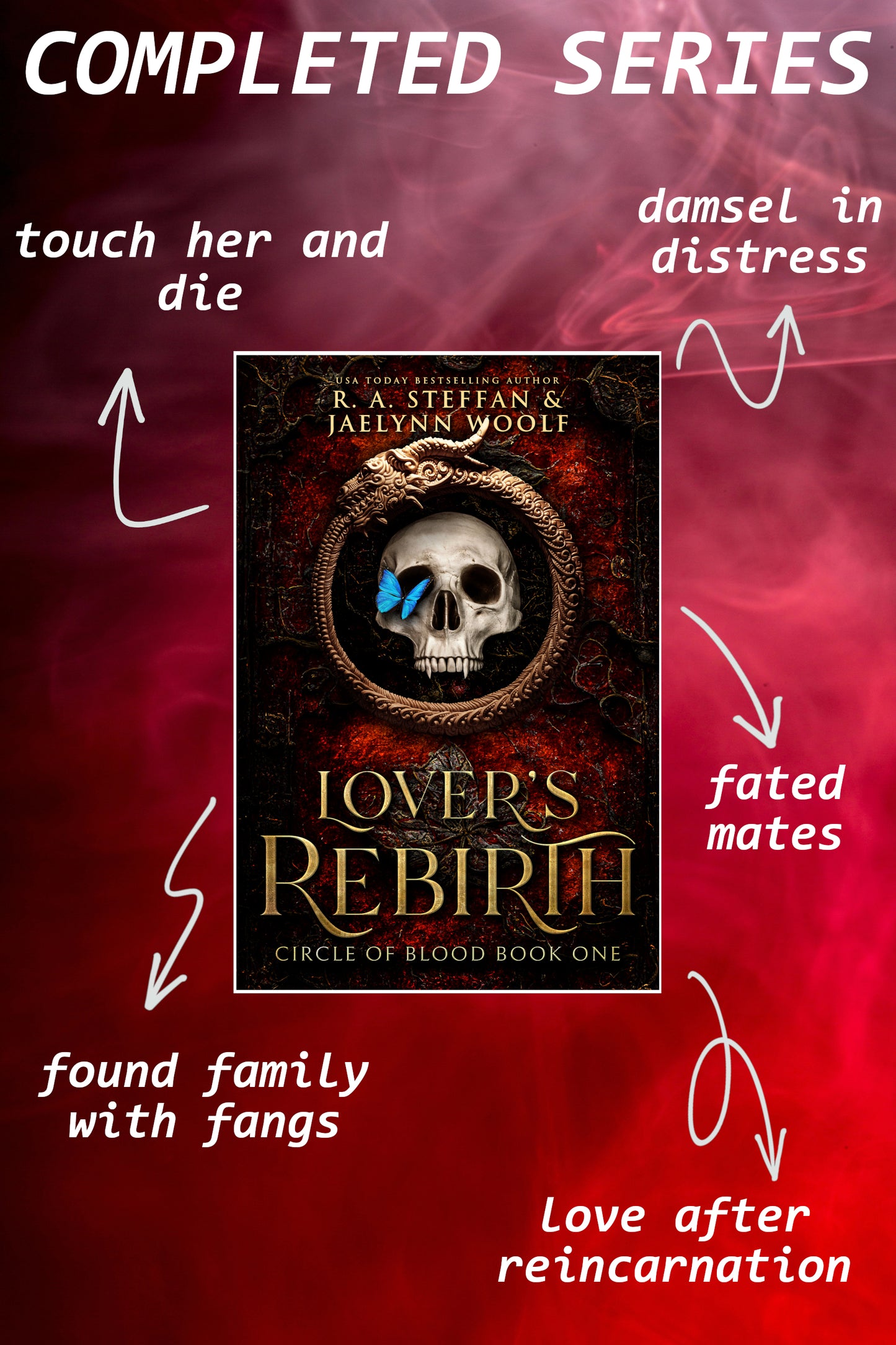 Book cover of 'Lover's Rebirth' with text describing themes on a red background