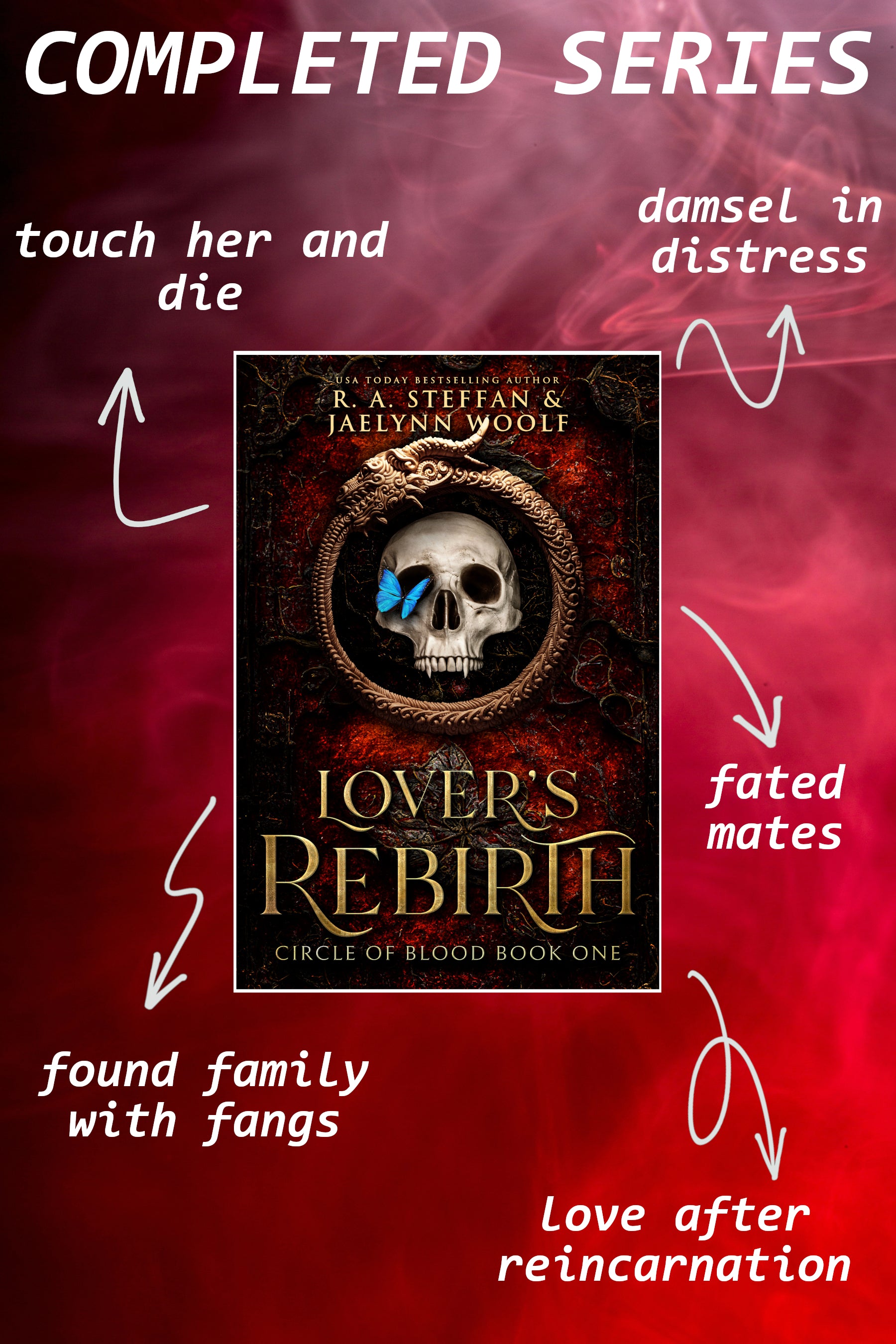 Book cover of 'Lover's Rebirth' with text describing themes on a red background