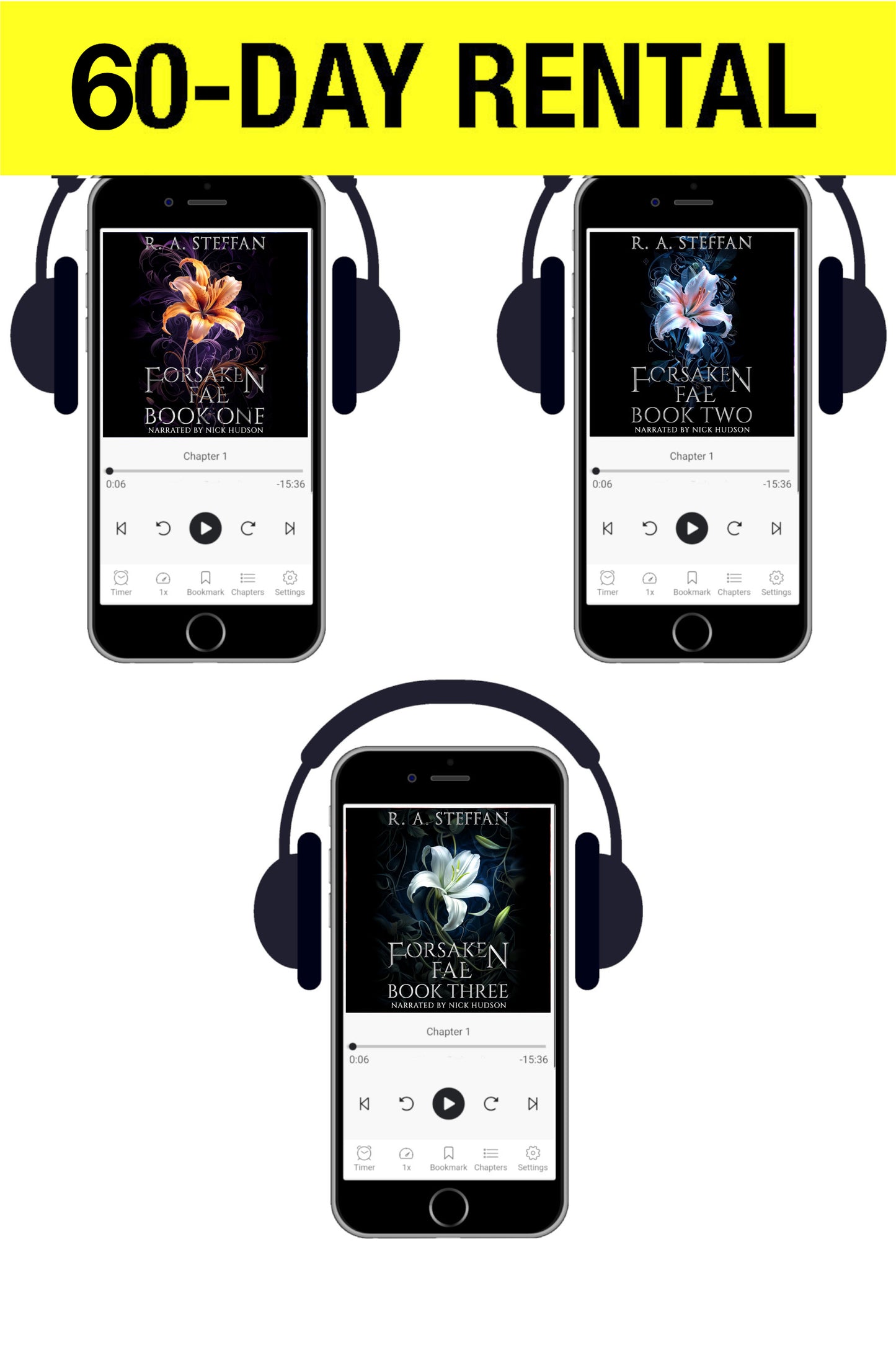 Promotional graphic for a 60-day rental of an audiobook or e-book set, featuring three smartphones with black headphones and the book covers of 'The Forsaken' by R. A.