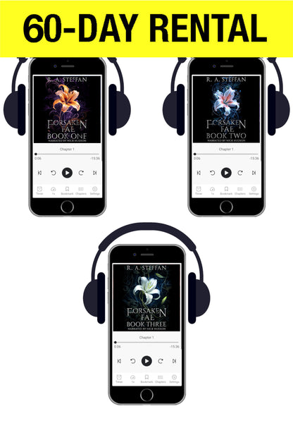 Promotional graphic for a 60-day rental of an audiobook or e-book set, featuring three smartphones with black headphones and the book covers of 'The Forsaken' by R. A.