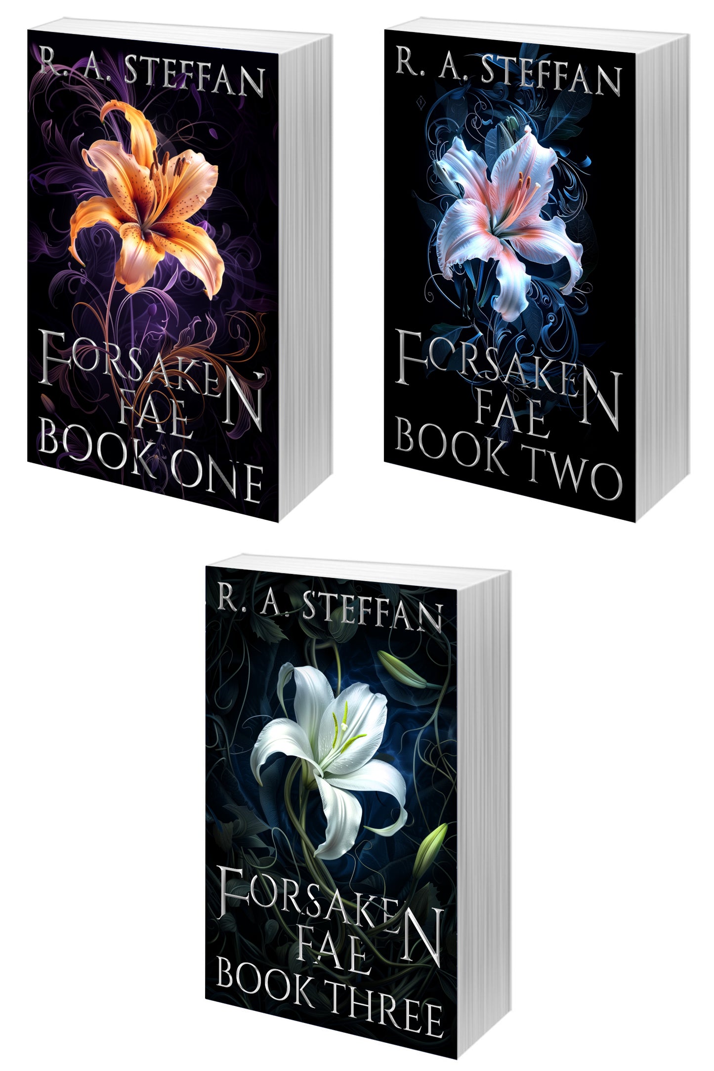 Three paperback book covers for the Forsaken Fae gay fantasy romance series by R. A. Steffan