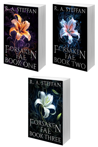 Three paperback book covers for the Forsaken Fae gay fantasy romance series by R. A. Steffan