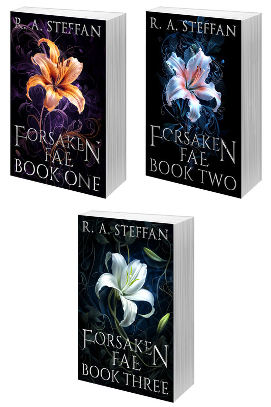 Three paperback book covers for the Forsaken Fae gay fantasy romance series by R. A. Steffan
