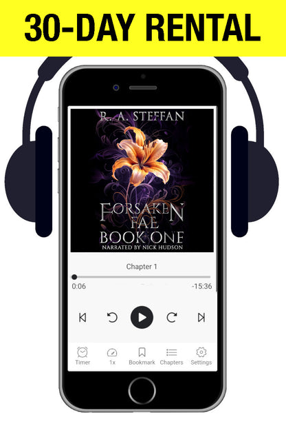 A promotional graphic for a 30-day rental of the audiobook 'Forsaken Fae Book One' by R.A.