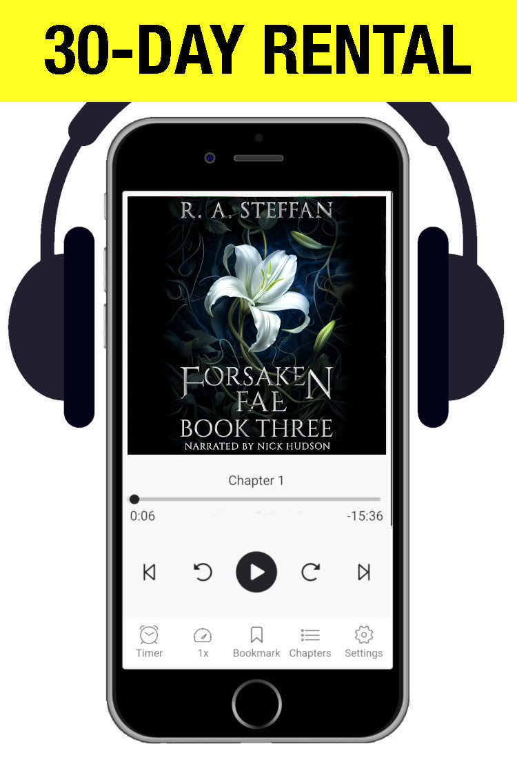 Promotional graphic of an audiobook player showing Forsaken Fae: Book 3, with a yellow banner stating 30-day rental
