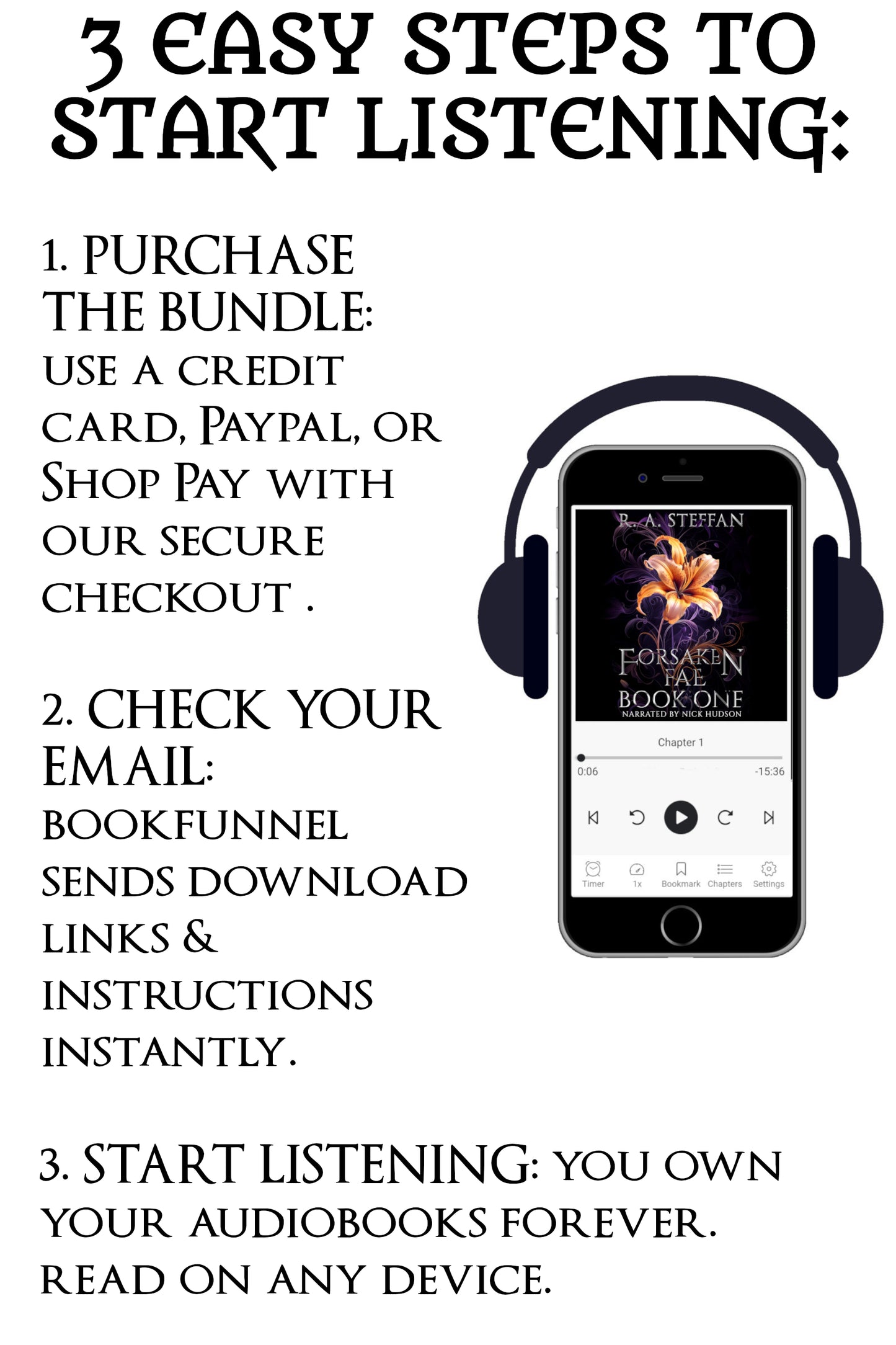 Instructions for purchasing and listening to audiobooks and an image of a smartphone with headphones.