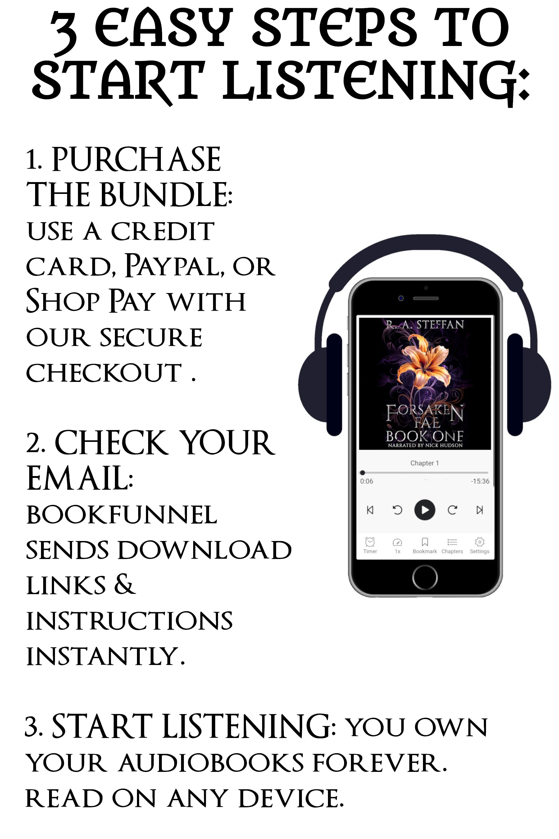 Instructions for purchasing and listening to audiobooks and an image of a smartphone with headphones.